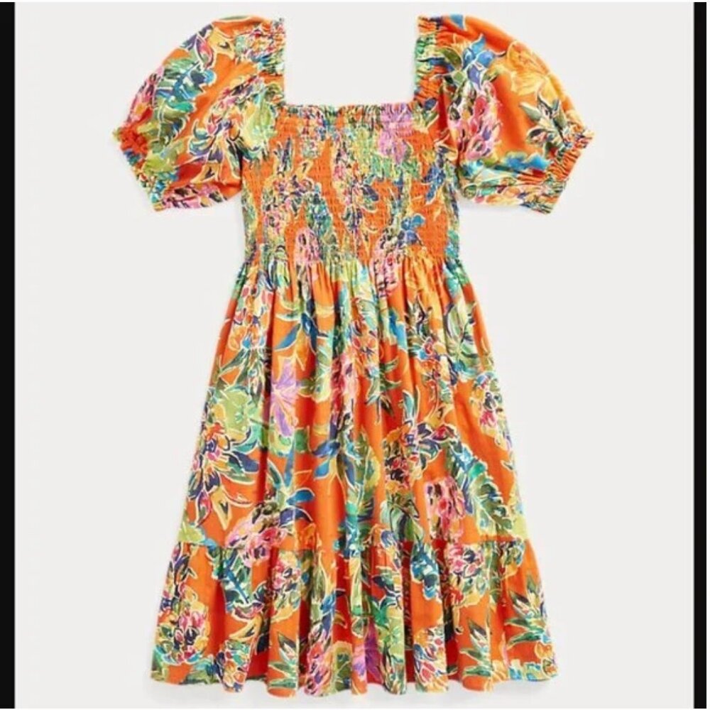 Polo Ralph Lauren Dobby Dress Girls 24M Orange Floral Smocked Puff Sleeve Summer
